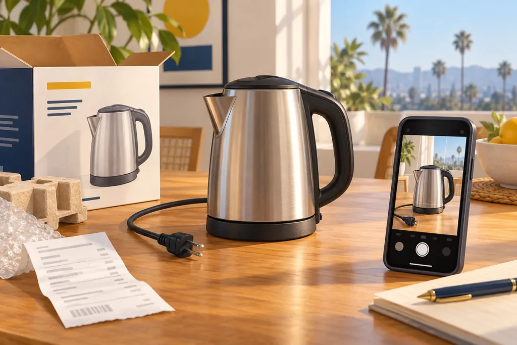 Illustration of an unplugged kettle, receipt and phone documenting a household product
