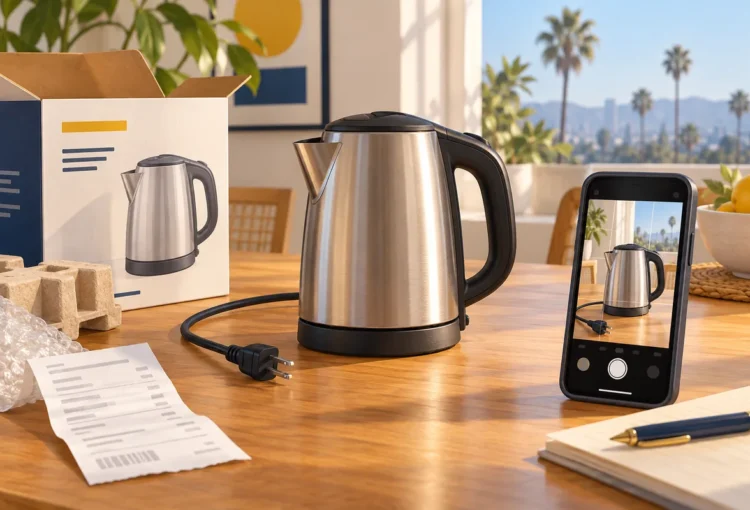 Illustration of an unplugged kettle, receipt and phone documenting a household product
