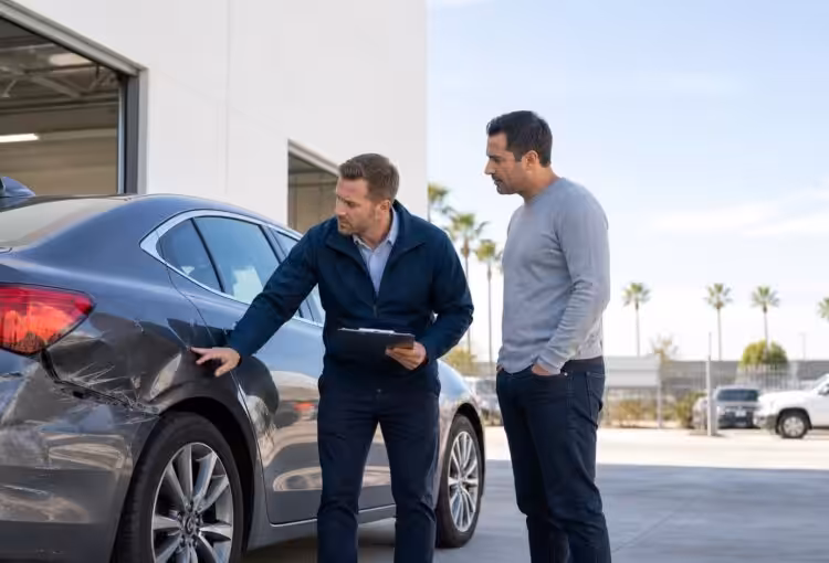 Insurance adjuster inspecting car damage after a California accident
