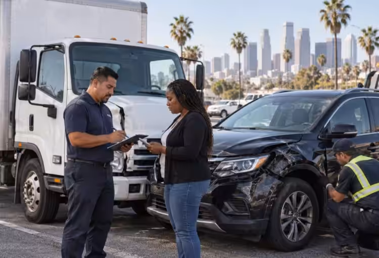 Commercial delivery truck and damaged car after a Los Angeles accident