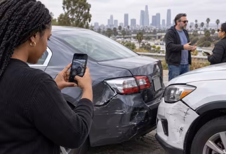 Driver photographing vehicle damage after a Los Angeles car accident