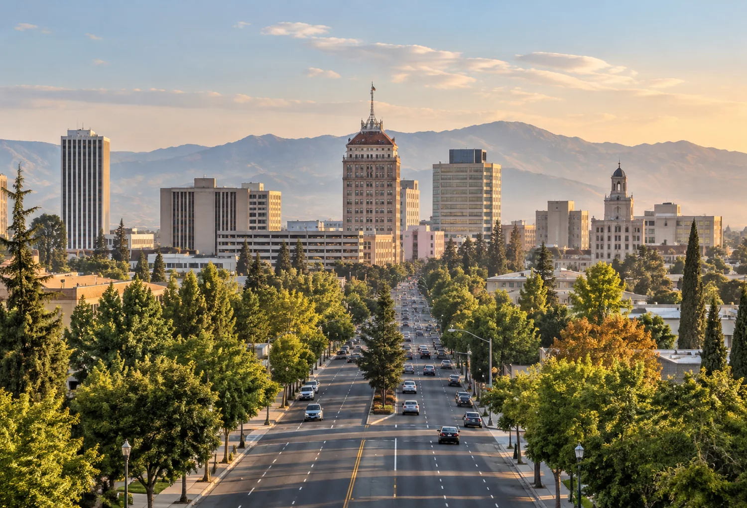 Illustration of a tree-lined Fresno-inspired California downtown skyline