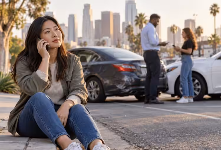 Rideshare passenger using a phone after a California car accident