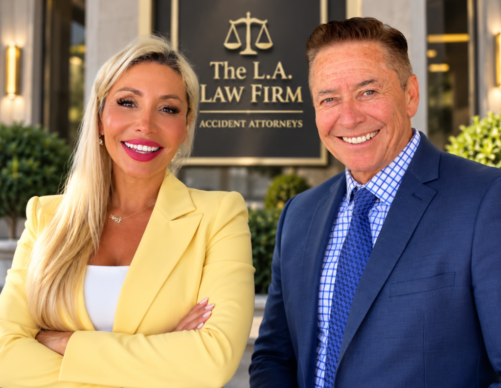 The L.A. Law Firm team in front of the firm’s accident attorneys sign