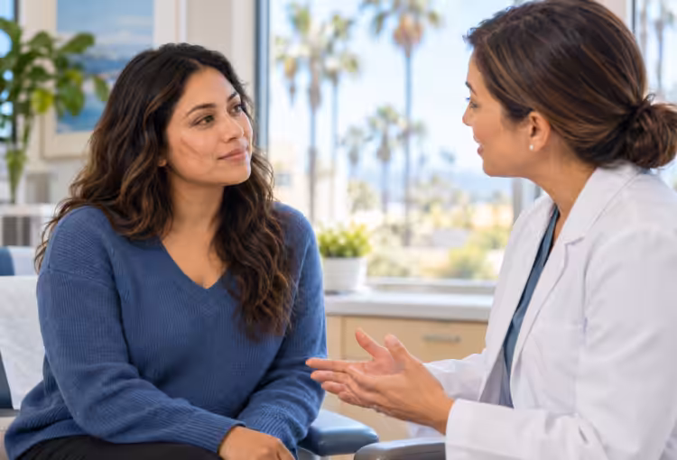 Woman with a healed cheek scar discussing treatment with a medical specialist