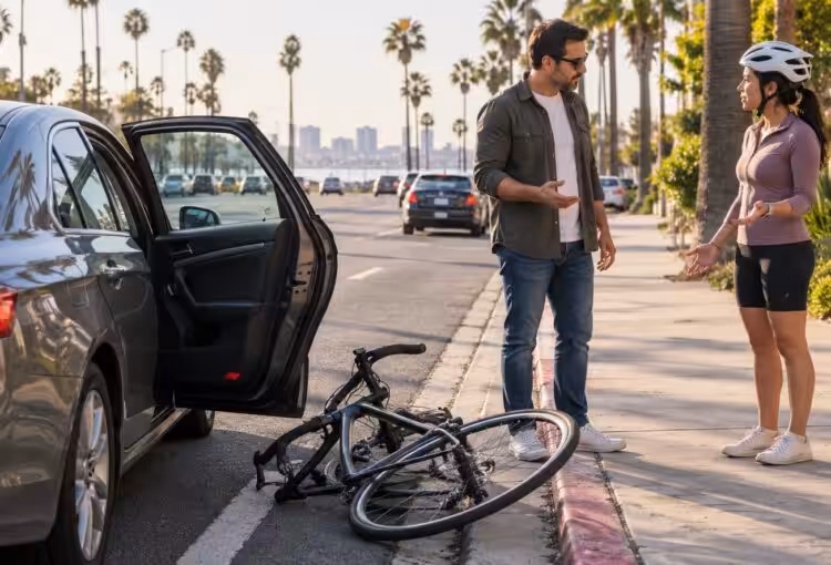A cyclist beside a bicycle and an opened parked-car door on a California street