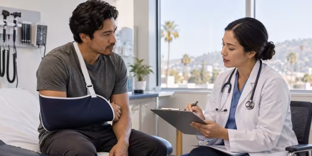 A patient with an arm sling consulting a doctor after a vehicle collision