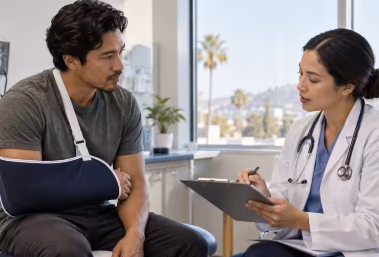 A patient with an arm sling consulting a doctor after a vehicle collision