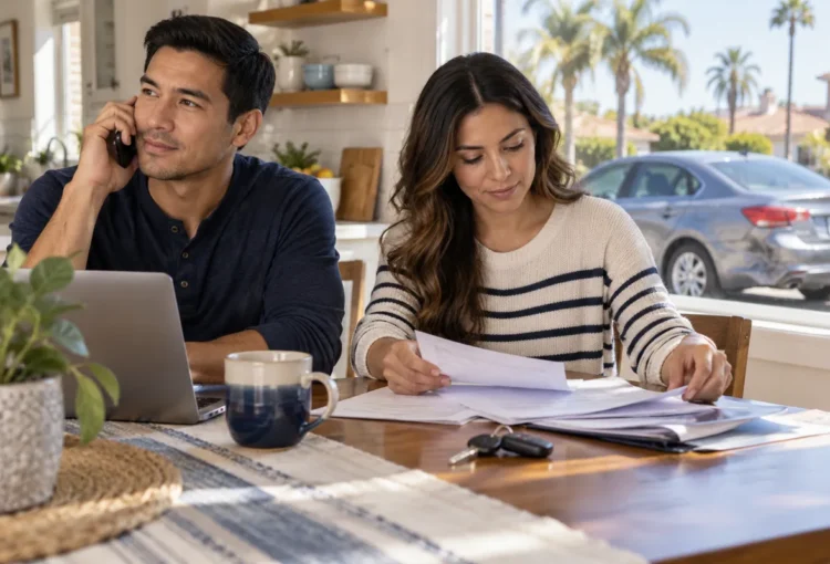 Conceptual illustration of a couple organizing claim paperwork and making a phone call after a car accident