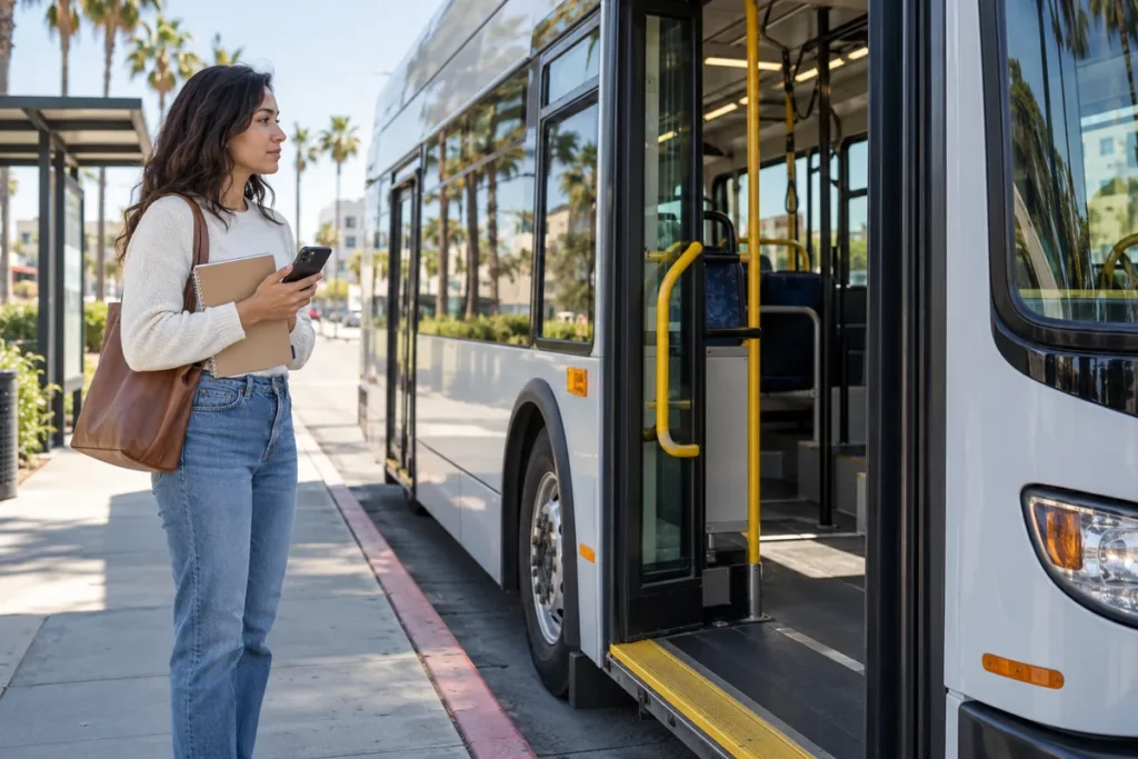 Fictional passenger holding a phone and notebook beside the open doorway of a stationary unbranded bus.