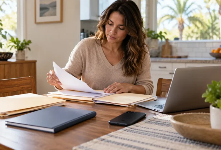 Fictional woman organizing folders and documents beside a laptop before a car accident lawyer consultation.