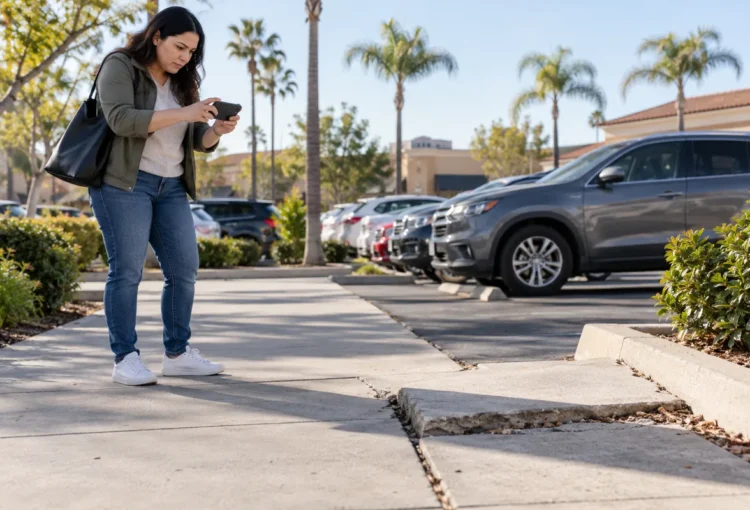 Fictional woman photographing uneven pavement beside a Southern California parking lot.
