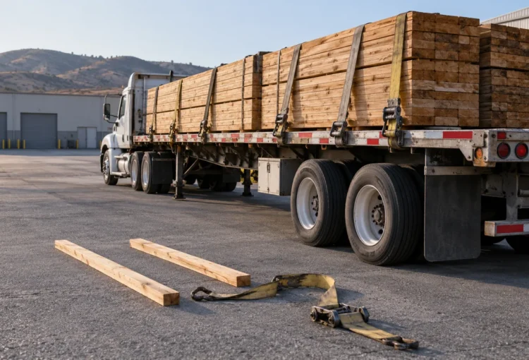 Fictional flatbed truck with lumber, loose boards, and a tie-down strap in a closed California industrial yard.