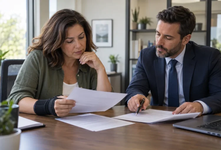 Fictional woman with a wrist brace reviewing insurance paperwork during a consultation.