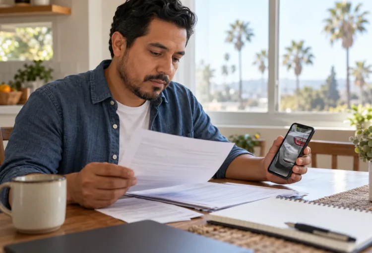 Fictional driver reviewing insurance documents and a car-damage photo at home.