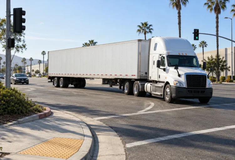 Fictional tractor-trailer making a wide turn at a California industrial intersection.