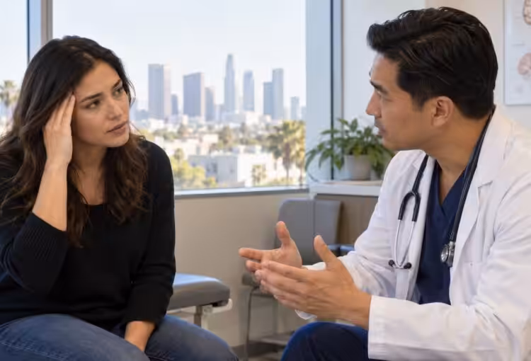 A woman discussing possible concussion symptoms with a clinician after a car accident