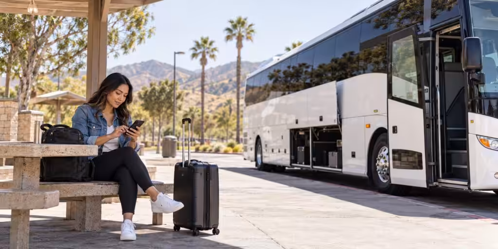 A passenger at a Southern California coach-bus stop following a travel incident