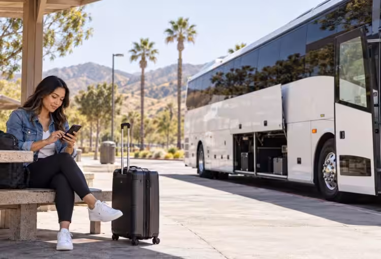 A passenger at a Southern California coach-bus stop following a travel incident