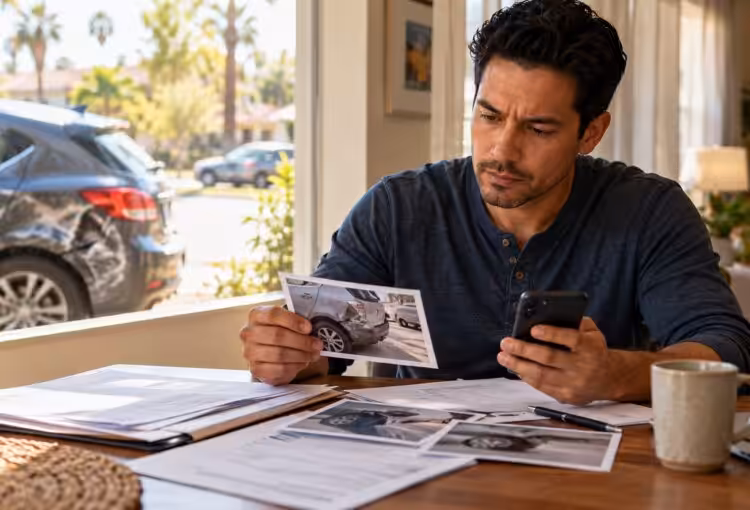 A driver reviewing crash evidence and insurance papers after a hit-and-run collision