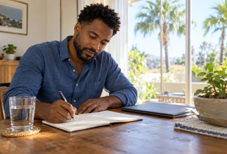 Fictional man writing in a recovery journal at home beside a folder and glass of water.
