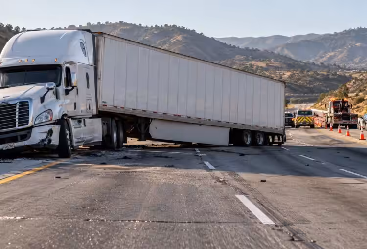 A jackknifed semi-truck across lanes with emergency response in the distance