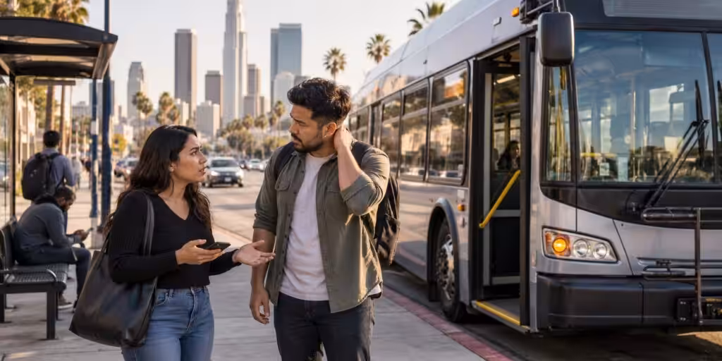 Passengers beside an unbranded transit bus after a sudden-stop incident