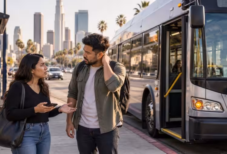 Passengers beside an unbranded transit bus after a sudden-stop incident