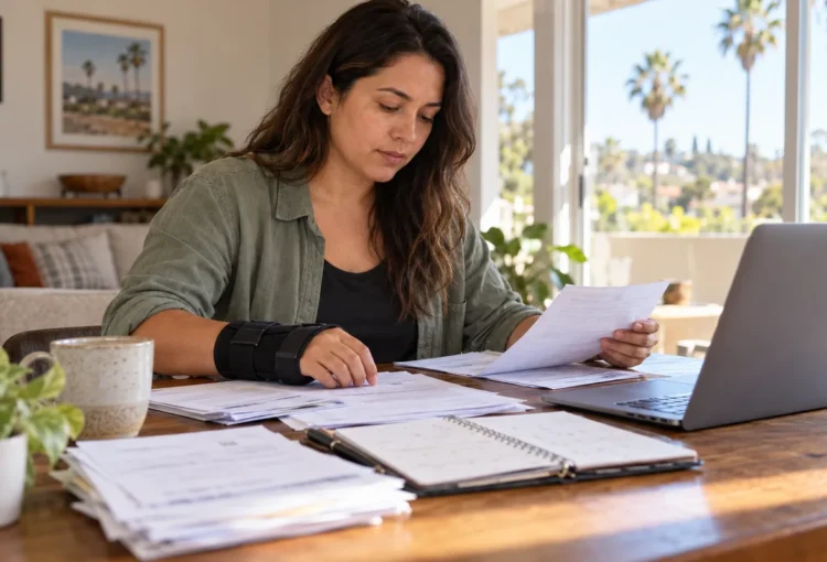 Conceptual illustration of an injured worker reviewing pay records and a calendar at home
