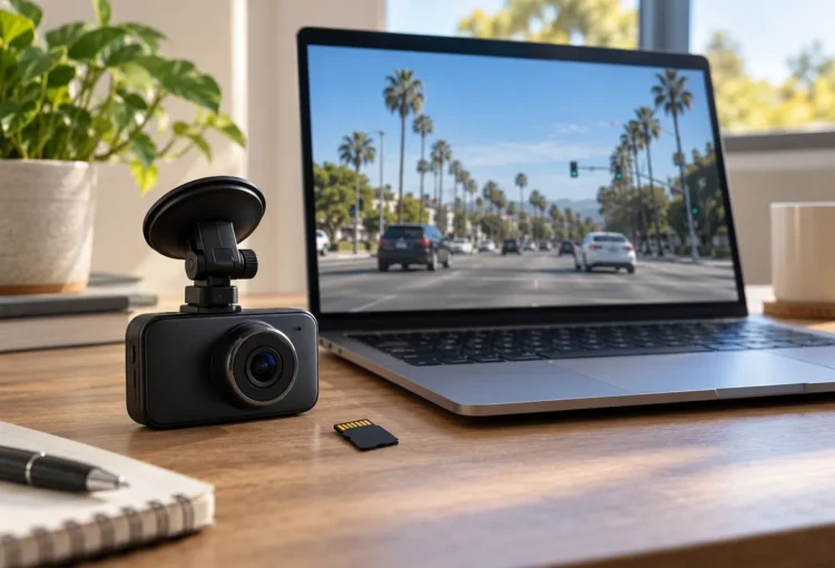 Dash camera and memory card beside a laptop displaying a palm-lined California street