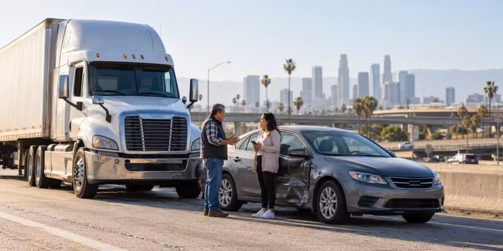Illustrative scene of a passenger car and semi-truck after a side-impact collision near Los Angeles