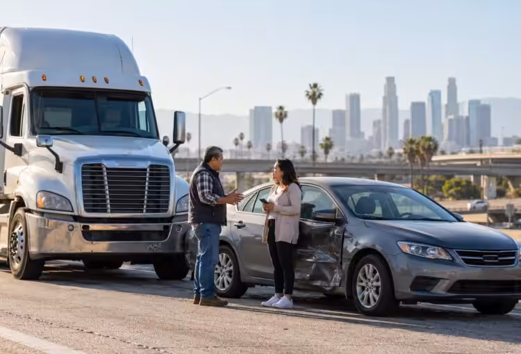 Illustrative scene of a passenger car and semi-truck after a side-impact collision near Los Angeles