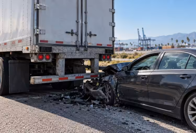 Passenger vehicle and commercial trailer at a controlled post-collision scene