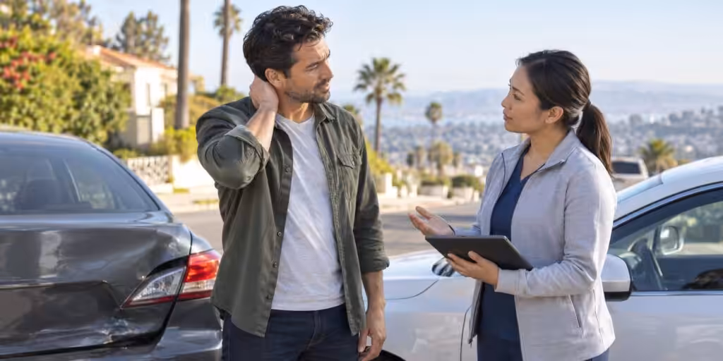Illustrative scene of a driver discussing neck discomfort after a minor fender-bender collision in Southern California