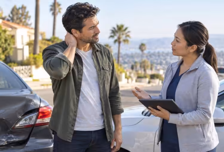 Illustrative scene of a driver discussing neck discomfort after a minor fender-bender collision in Southern California